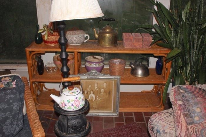 Shelf , Bric-A-Brac, Small Stove ans Tea Pots