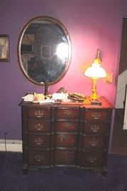 Dresser, Large Oval Mirror and Vintage Lamp