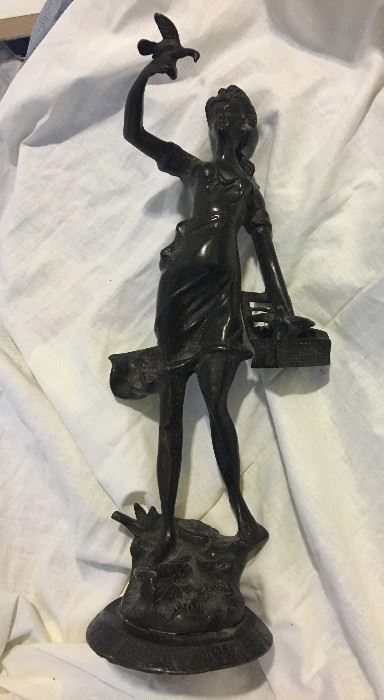 About a 14 inch tall bronze? of a girl with birds