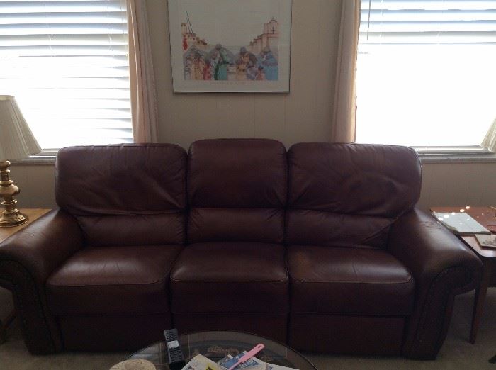 Leather couch with end recliners. Purchased from Mathis Brothers.