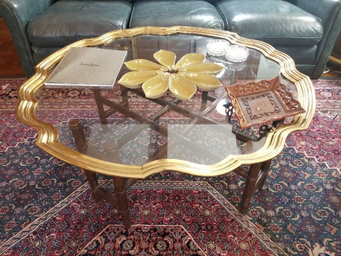 Baker Mid Century Bamboo, Glass , & Brass Coffee Table