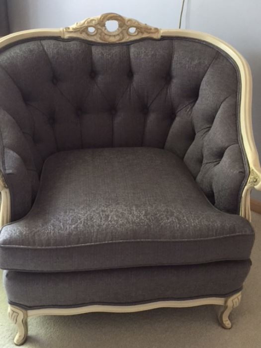 Gray Italian French Provincial barrel tufted chair $300 measurements seat 20" x 21" 18" to floor 32" H 29"D