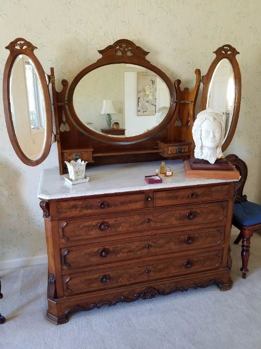 This is a beauty - Vintage/Antique Vanity/Dresser with Mirrors and Marble Top. 