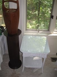 White Wicker End Table, Plant Stand, Vintage Teak Wood Ice Bucket...