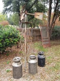 8 ft Windmill and Milk Cans 