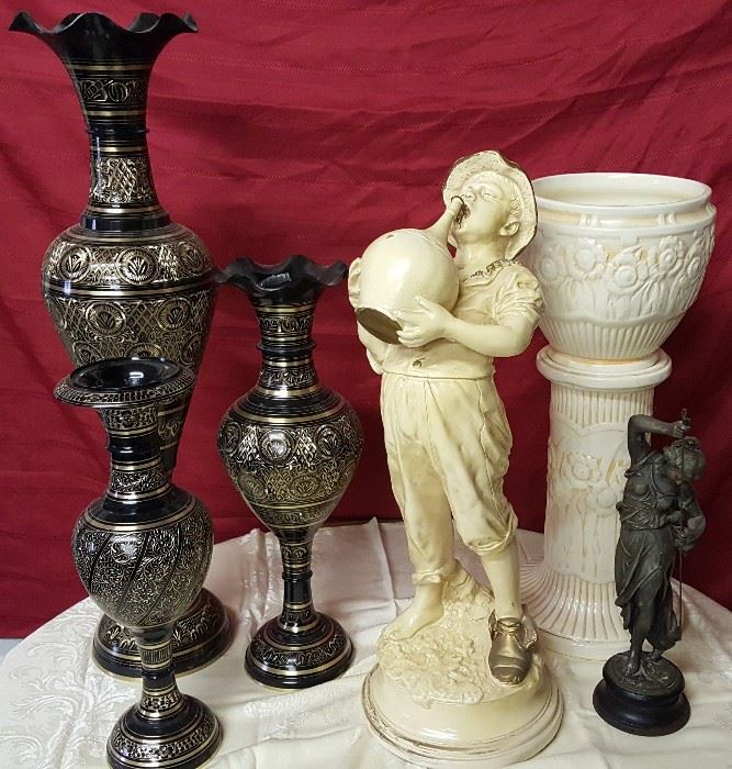 Jardinière on Pedestal, Statues, and large Oriental Vases 