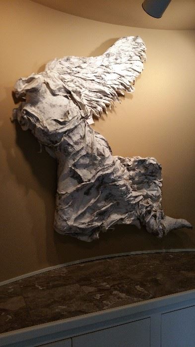 'Winged Nike' sculpture made of hand made, hand formed paper, by Ann Johnson in Muncie, IN.  Her company, FB Fogg is no longer in business.   measures 54" tall and approx. 58" wide