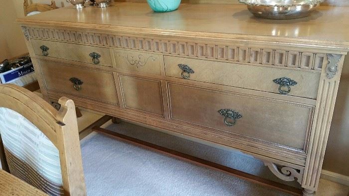 closeup of sideboard - this is an older piece, c1920's, Gregory Furniture, that has been refinished to match the table!  Clever and gorgeous!