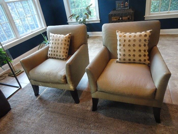 2 Beige Custom Silk Upholstred  Chairs- 28"L X 28"D X 35"H 