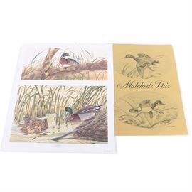 John Ruthven Limited Edition Offset Lithographs "Mallards" and "Wood Ducks": A pair of limited edition offset lithograph prints on paper by Cincinnati wildlife artist John Ruthven (b. 1927). These prints are titled Mallards and Wood Ducks, and depict members of each species in habitat at the edges of ponds, with the common and Latin names printed beneath each image. Printer information is also included to the lower margins, with edition number 54/99 in pencil to the lower left. Each print is signed in plate and in pencil to the lower right. Gold tone metal title plaques and a folder with printed natural histories are included, as well as a duck feather. These prints are presented unframed.