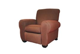 Red Striped Club Chair Recliner by La-Z-Boy: A red striped club chair recliner by La-Z-Boy. This piece is upholstered in a striped fabric in a palette of red, beige, and purple. It has oversized rolled arms, that when pushed forward from a seated position reclines the back and extends the footrest. The chair stands on wood block feet. It is tagged to the underside. For a coordinating piece, see item 17NAS115-007.