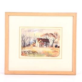 Olleen Williams 1947 Watercolor of Small Homes Set Against Industrial Backdrop: A 1947 watercolor painting on paper by Southern American artist Olleen Williams. The piece depicts a mid-century autumn landscape scene with small homes and trees set against yellow skies and distant factories with tall smoking chimneys. The work is signed and dated in brown paint to the lower right. It is double-matted in cream and off-white and presented under glass in a wooden frame fitted with hanging wire to the verso. The frame’s backing paper includes a vintage Spivy-Johnson framer’s sticker from Birmingham, Alabama.