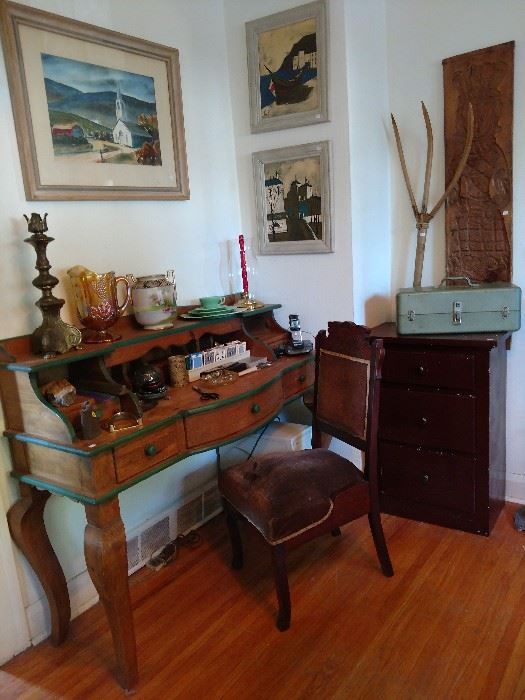 Paintings, desk, Victorian chair, wood sculpture, hay rake, more great antique smalls
