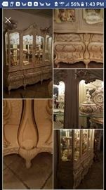French provincial china cabinet with lights and mirror