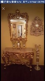 24 karat gold leaf carved console and mirror very large and heavy in good condition