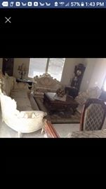 Three-piece French provincial formal living room set comes with sofa, loveseat and chair. Tables are sold separately