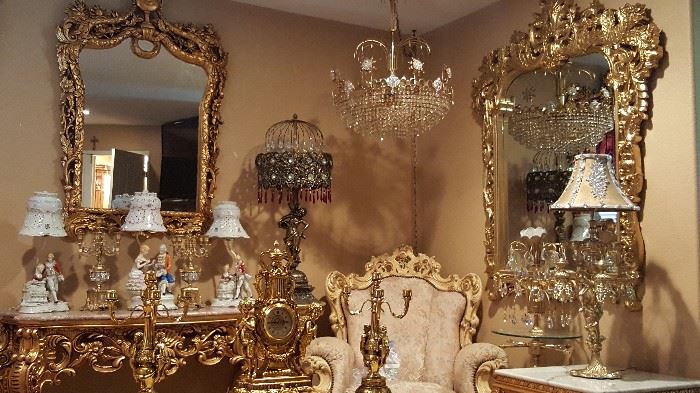 Variety of antiques mirrors, table decor, copper lamps, bronze home decor and more