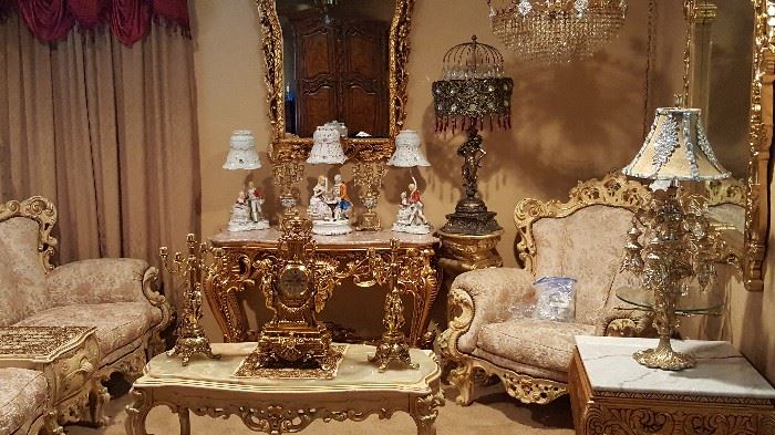 Victorian lamps, Onyx table, French provincial Furniture, Italian furniture and gold leaf tables