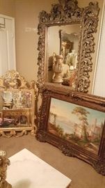 Antique oil painting, large beveled carved mirror and 22 karat gold leaf items