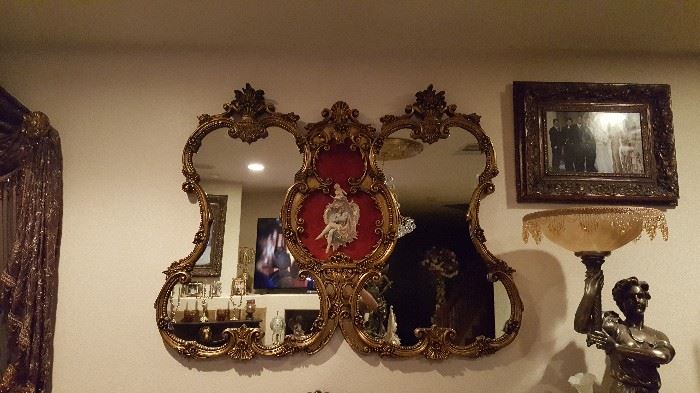 Antique mirror with the green in the middle of two mirrors. This is one of a kind and it's very vintage
