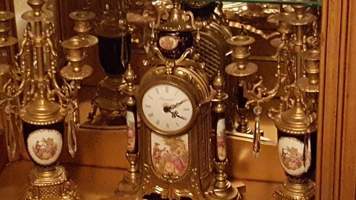 Victorian Romeo and Juliet antique clock and two candelabras