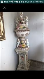 Seven-foot-tall Capodimonte decorative piece with lid and pedestal