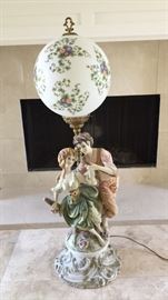 Capodimonte porcelain figurine lamp with glass bowl lamp shade