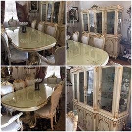Italian dining room set table, china cabinet, 8 chairs. I also have a living room set that goes with this set