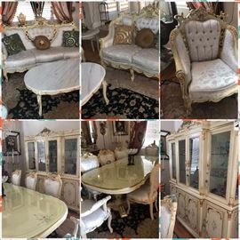 Italian dining room set and living room set includes china cabinet, table, eight chairs, sofa, loveseat, chair, two end tables, coffee table and console with mirror