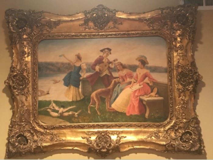 Antique 40 in by 56 in oil painting with large carved frame in gold