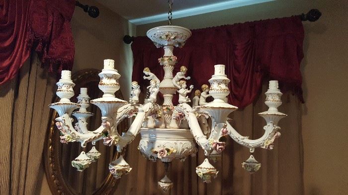 Extra large Capodimonte Chandelier over 42 in wide and 50 in tall from ceiling two bottom tip