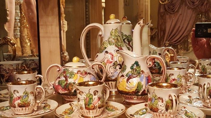 Italian Capodimonte gold plated coffee cup set service for 6 with tea pitcher, sugar bowl and creamer