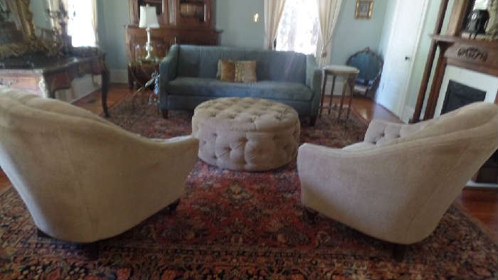 Upholstered Barrel Chairs $900 for pair, Ottoman $225