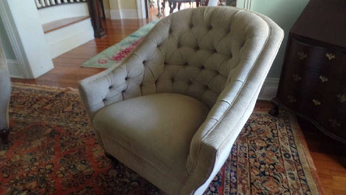 Upholstered Barrel Chairs $900 for pair, Ottoman $225