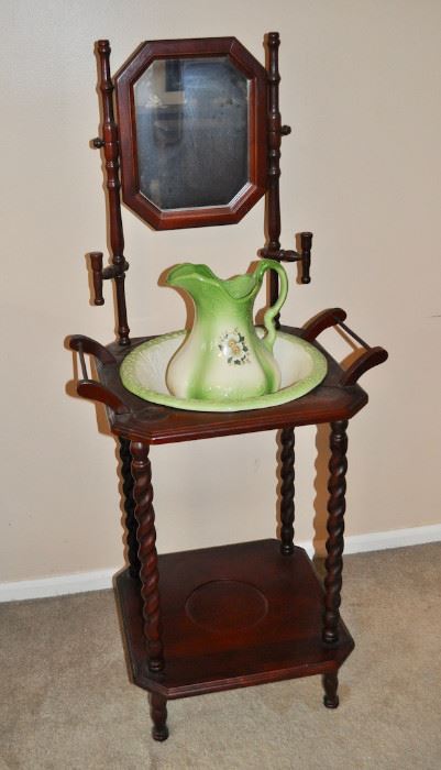 Vintage Cherry Wooden Wash Basin With Ironstone Pitcher And Bowl 