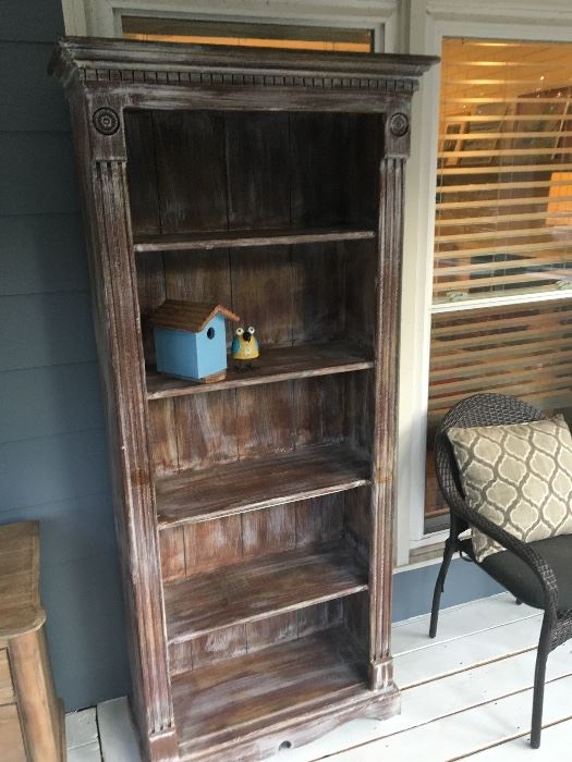 Distressed and lined bookcase . Nice trim details ! $95.00
