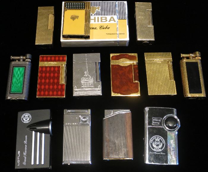 Fine cigarette Lighters by Dupont, Paris; Dunhill; Cohiba; Grand Havana Room, Colibri, etc.