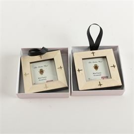 Christian Themed Mini-Frame Ornaments: A pair of matching ornaments from FG Galassi. These pieces are in the form of miniature picture frames and feature the symbol of the cross at perpendicular segments of each frame. The ornaments come with the paper packaging.