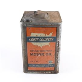 Sears Roebuck and Co. Motor Oil Can: A vintage Cross Country motor oil can from Sears, Roebuck and Co. Can has an orange, blue and white graphic and says its “100% Pure Pennsylvania Motor Oil”.