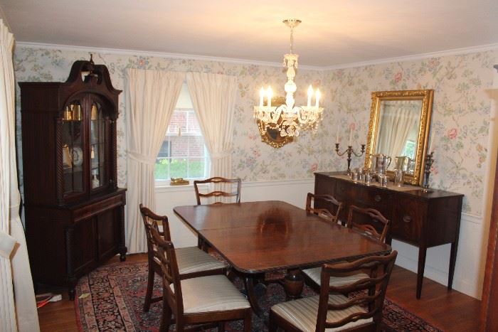Great Dining table with 6 sturdy chairs - beautiful mirror and silver plate coffee set
