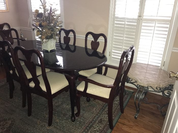 Queen Anne dining table and chairs, iron coffee table with marble top