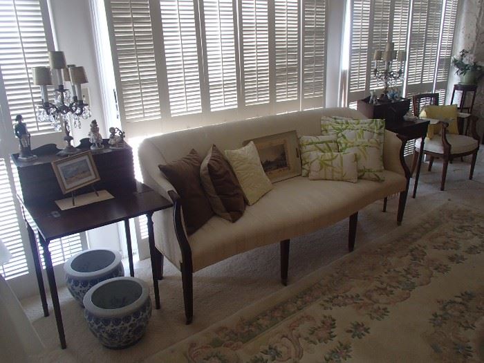 Vintage step end tables, Federal style couch 