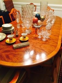 Gorgeous English Hepplewhite Style, DR Table with Double Pedestal Base, Handmade from Exotic Yew Wood, shipped from England, purchased in Connecticut, plus Eight Matching Chairs and Incredible Sideboard/Buffet! 
