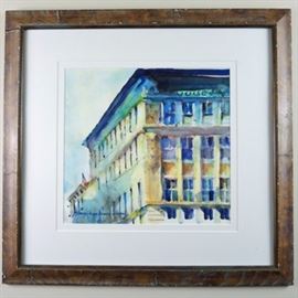 Bruce Allan Neville Original Watercolor of St. Louis: An original watercolor painting on paper by Cincinnati artist, Bruce Allan Neville. The piece depicts a building arrayed in a myriad of brilliant jeweled hues, along a street in St. Louis; in the distance hangs an American flag. Signed in paint to the lower left. Double-matted in white in a wooden frame under acrylic. Artist business card is attached to the verso.