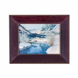 Original Oil on Board by Ren Wicks: An original oil on board by Ren Wicks (1911 – 1997). The piece depicts a winter landscape along the banks of a gently flowing stream. The crisp water is the focus of the foreground with snow-capped mountains visible in the distance. The piece is signed by the artist in the lower center, is presented in a mahogany wood frame, and is ready to hang with wire affixed to the verso.