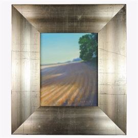 Stephen Bach Original Oil on Canvas Landscape "Wheat Stubble": An original oil painting on canvas by Stephen Bach titled Wheat Stubble. The piece depicts a bucolic landscape with harvested rows of amber and honey-colored wheat stalks. The work is housed in a gold-toned wooden frame. Signed to the lower right corner. Titled and dated 2003 to verso.

Bach resides in Orlando, Florida and is known for painting contemporary landscapes in oil.