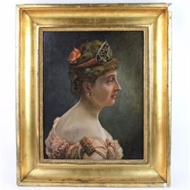 Antique Original Oil Painting on Wood Panel Portrait of a Woman in Tiara: A late 19th Century, Italian School, original oil painting on wood panel Portrait of a Woman in Tiara by O.S. The piece features a woman softly lit in profile. She is depicted wearing a tiara with a jeweled hairpiece and pink rose in her coif. Her light pink ballgown is accented with a rectangular, pearl and gem encrusted gold brooch. Signed and dated with the interlocking initials “OS,” “Roma,” and “1886” to the lower right corner and on the back of the piece. Frame is gilt plaster and wood.