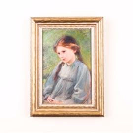 Original Oil Portrait of Young Girl: An original oil painting on canvas mounted to board. The portrait piece is of a young girl in three quarter profile, demurely seated with hands folded in her lap. Her thoughtful, expressive face is pronounced as the focal point, with the pale blues in her dress and the mottled green background. It is presented in a gold tone painted wood frame. Unsigned.
