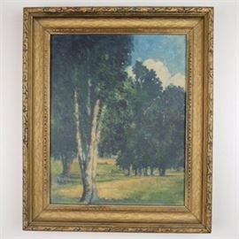 "A California Rancho" Oil Painting on Board by Samson: An original landscape oil painting on board titled A California Rancho by Samson. The piece depicts a quiet pasture, with farming equipment visible in the distance, bordered by tall, dark trees under a bright blue sky. Signed to the lower left in paint. The title A California Rancho is written on the verso in ink and visible through a window in the framing. Set in a distressed, gold-toned wooden frame.