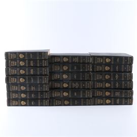 1917 "The Harvard Classics Shelf of Fiction" 19-Volume Set: A nineteen-volume set of works from The Harvard Classics Shelf of Fiction series. This incomplete set includes volumes one through nineteen sequentially, missing the final twentieth volume. The books contain work by various authors and were edited by William Allan Nelson. The set was published by P.F. Collier & Son Company of New York in 1917. Each book is presented in a hardbound cover, with an imprinted seal to the front and gilt lettering to the spine.